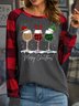 Women's Merry Christmas Three Wine Glasses Buffalo Plaid Print Casual Loose Polyester Cotton Long Sleeves T-Shirt