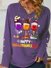 Women's Happy Hallo Thanks Mas Funny  Three Red Wine Glasses Christmas Graphic Print V Neck Simple Sweatshirt