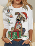 Women‘s Christmas Dog Print Casual Crew Neck Top