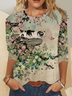 Women's Cat Butterfly Vintage Print Crew Neck Casual Top