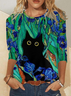 Women's Black Cat Regular Fit Crew Neck Simple Long Sleeve Top
