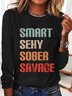 Women‘s Sober Regular Fit Crew Neck Simple Text Letters Long Sleeve Top
