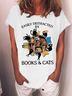 Women‘s Funny Books And Cats Easily Distracted Cat Crew Neck Casual Cotton-Blend T-Shirt