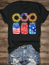Women's Patriotic Sunflower memorial day Casual Crew Neck Cotton Letters T-Shirt