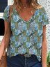 Women's V Neck Plaid Flower Collage Casual T-Shirt
