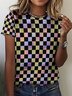 Women's Checkerboard Grid Crew Neck Casual T-Shirt