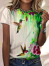 Women's Simple Floral Color Block Bird Loose T-Shirt