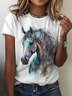 Women's Crew Neck Casual Watercolor Horse T-Shirt