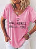 Women’s Love Animals Tolerates People Animal Lover Heart V Neck Casual T-Shirt