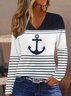 Loose Striped Anchor Casual V Neck T-Shirt