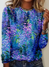 Women's Simple Regular Fit Blue Floral Crew Neck Shirt