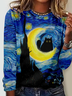 Women's Black Cat Crew Neck Casual Shirt
