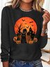 Women's Halloween Black Cats Pumpkin Crew Neck Casual Shirt