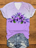 Women's Purple Flower Alzheimer's Awareness Support Print V-Neck Tee