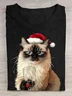 A Cat Wearing A Santa Hat And Christmas Costume And Holding A Wine Glass Cotton T-Shirt