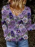 Violet Plant Flower Art V-neck Knitted Sweater